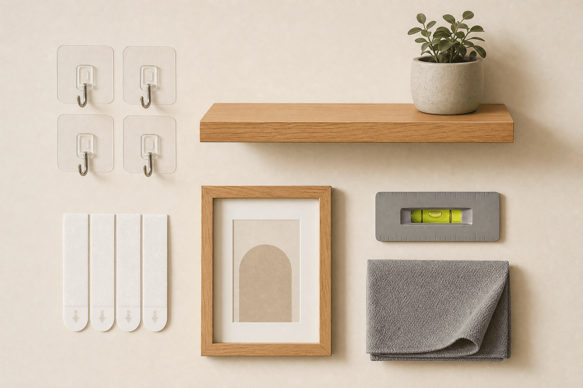 Flat-lay of no-drill DIY home essentials on a cream backdrop