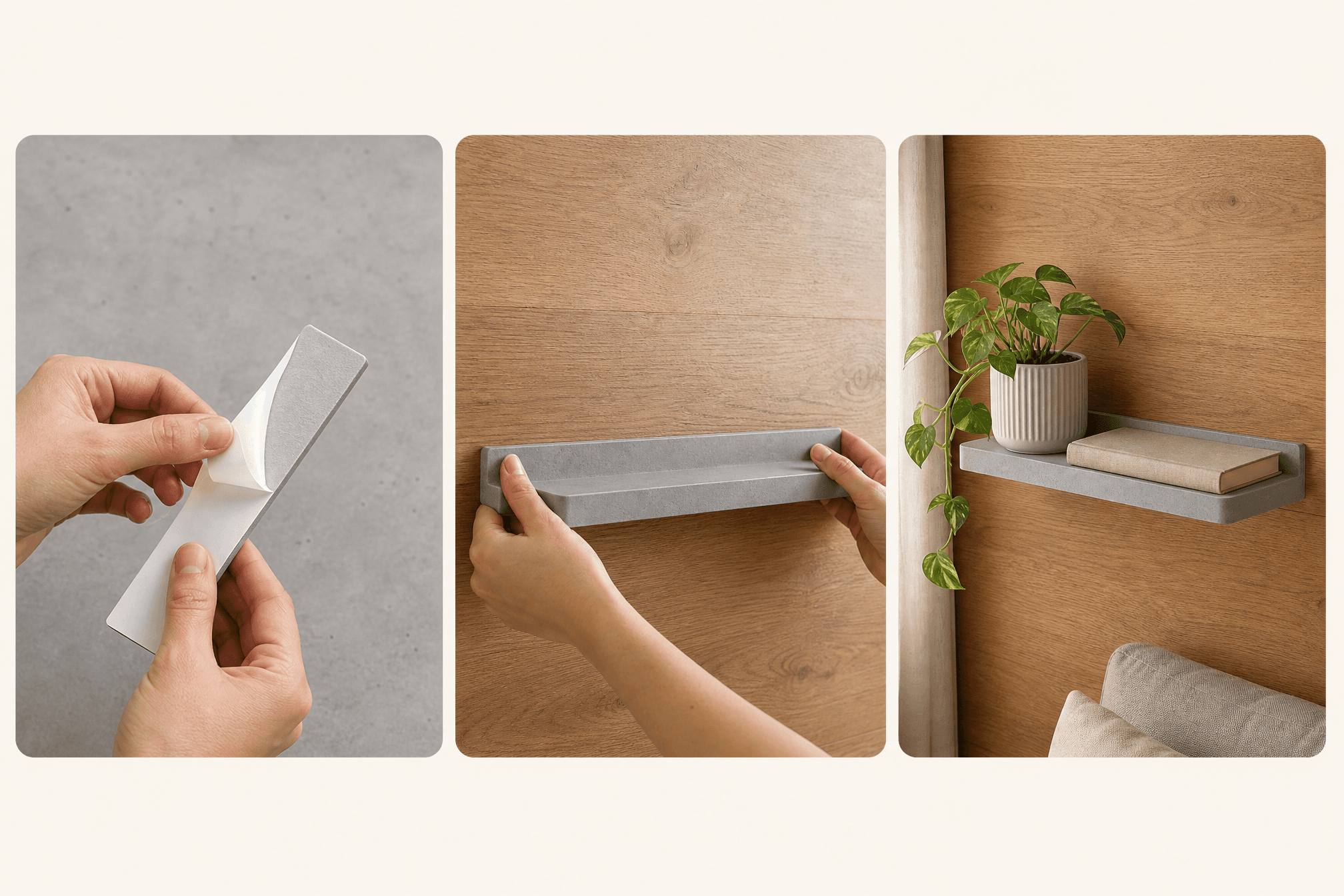 Three-step no-drill process: peel the adhesive strip, press the shelf to the wall, then load it