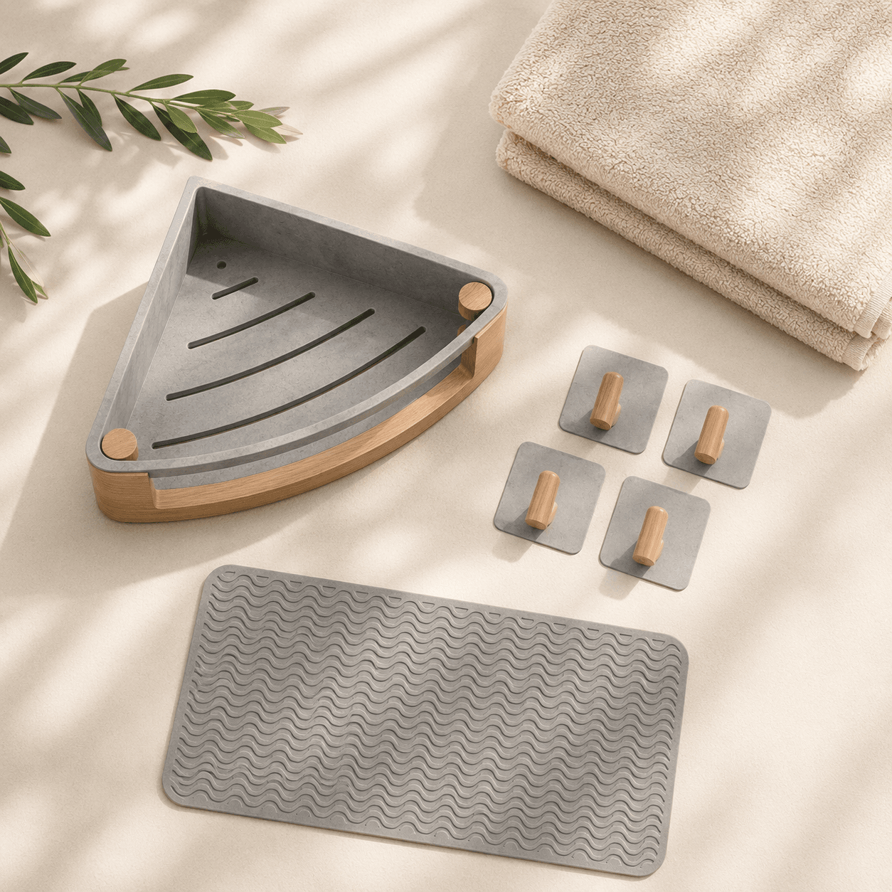 Bathroom No-Drill Kit — includes Self-adhesive corner shelf, Adhesive hooks, Non-slip mat