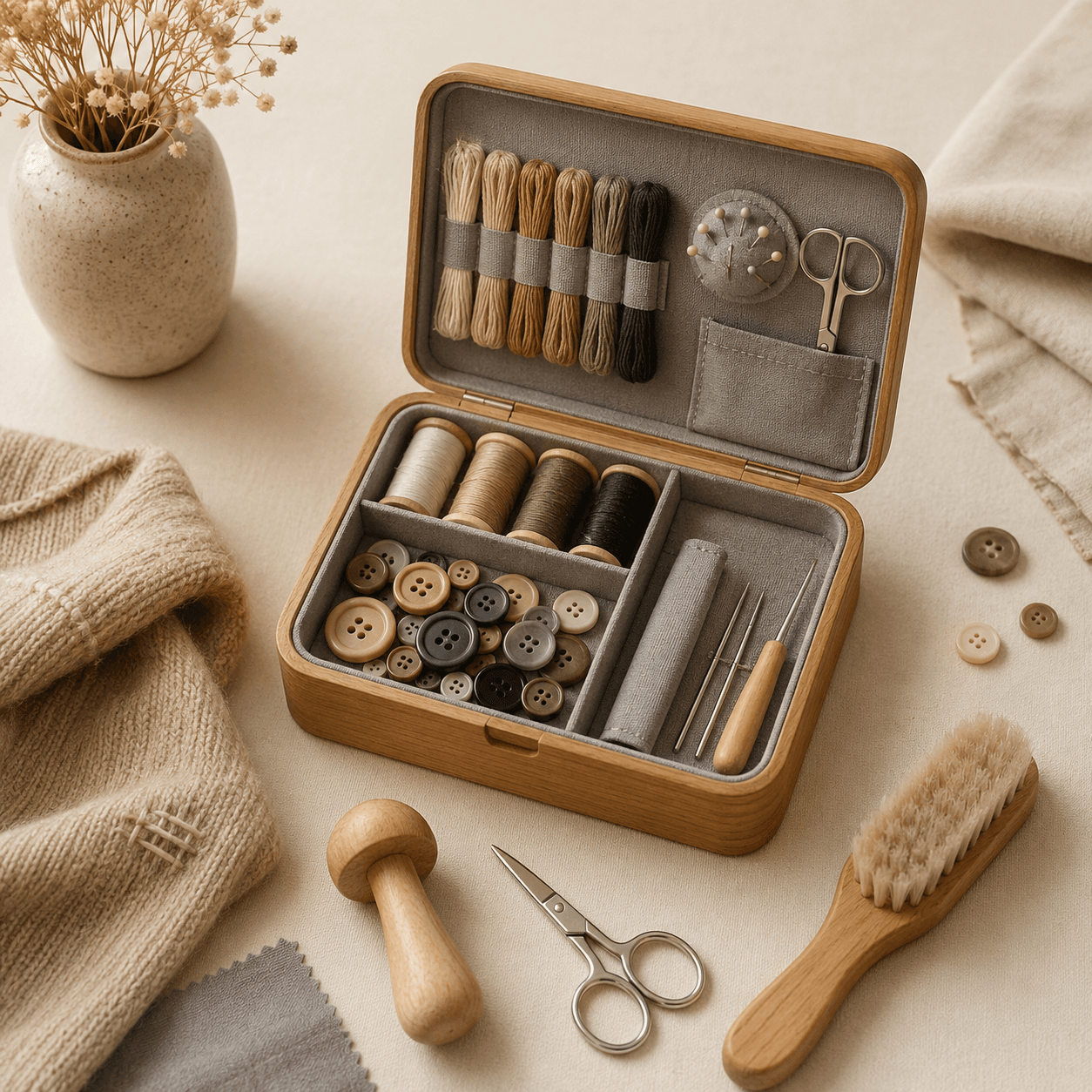Home Sewing & Mending Box — includes Compact sewing box, Darning tool, Scissors, Fabric care brush