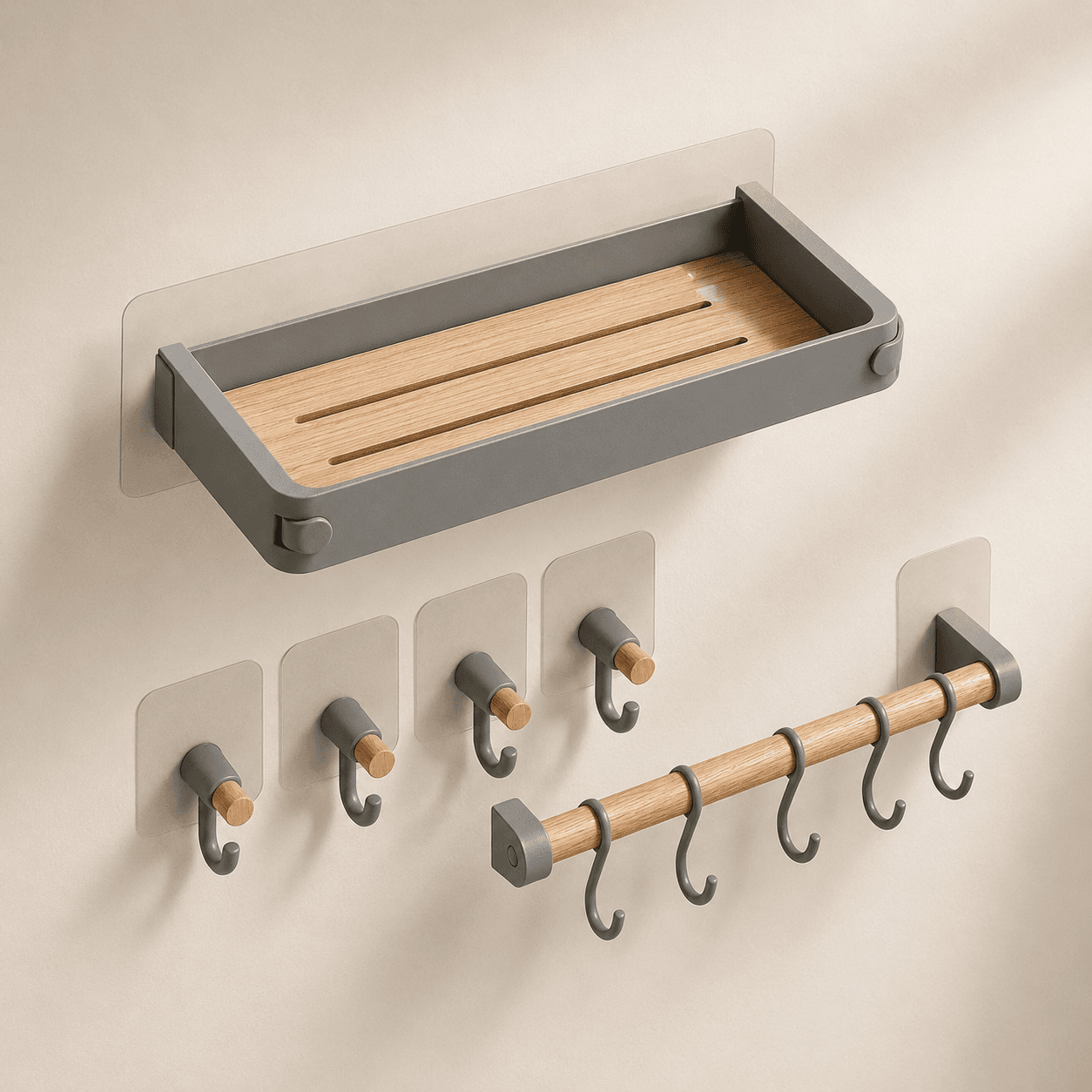 Kitchen Wall Organizer — includes No-drill adhesive shelf, Adhesive hook set, Hanging rail with S-hooks